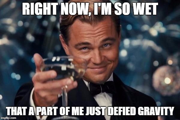 Leonardo Dicaprio Cheers Meme | RIGHT NOW, I'M SO WET; THAT A PART OF ME JUST DEFIED GRAVITY | image tagged in memes,leonardo dicaprio cheers | made w/ Imgflip meme maker