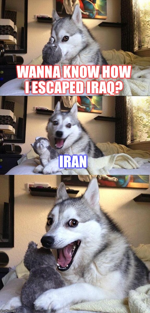 Bad Pun Dog Meme | WANNA KNOW HOW I ESCAPED IRAQ? IRAN | image tagged in memes,bad pun dog | made w/ Imgflip meme maker