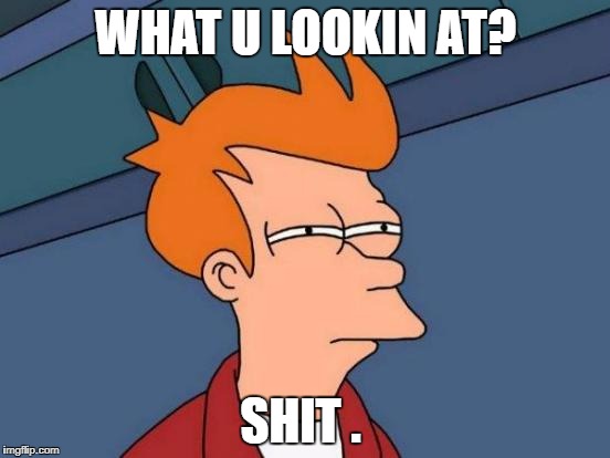 Futurama Fry Meme | WHAT U LOOKIN AT? SHIT . | image tagged in memes,futurama fry | made w/ Imgflip meme maker