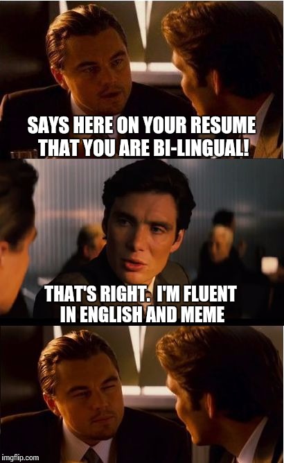 Fluent in Meme?  Memish?  Memese? | SAYS HERE ON YOUR RESUME THAT YOU ARE BI-LINGUAL! THAT'S RIGHT.  I'M FLUENT IN ENGLISH AND MEME | image tagged in memes,inception,memes about memes,language | made w/ Imgflip meme maker