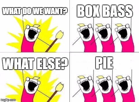 What Do We Want Meme | WHAT DO WE WANT? BOX BASS; PIE; WHAT ELSE? | image tagged in memes,what do we want | made w/ Imgflip meme maker