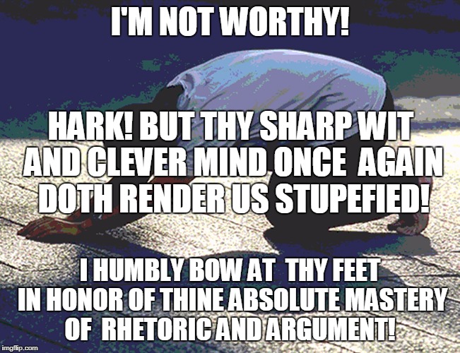 I'M NOT WORTHY! I HUMBLY BOW AT  THY FEET IN HONOR OF THINE ABSOLUTE MASTERY OF  RHETORIC AND ARGUMENT! HARK! BUT THY SHARP WIT AND CLEVER M | made w/ Imgflip meme maker