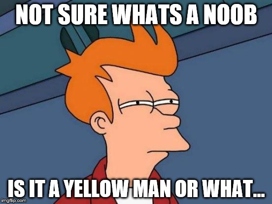 Futurama Fry Meme | NOT SURE WHATS A NOOB; IS IT A YELLOW MAN OR WHAT... | image tagged in memes,futurama fry | made w/ Imgflip meme maker