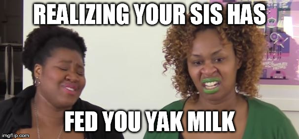 Yak yak | REALIZING YOUR SIS HAS; FED YOU YAK MILK | image tagged in sis,yak milk | made w/ Imgflip meme maker