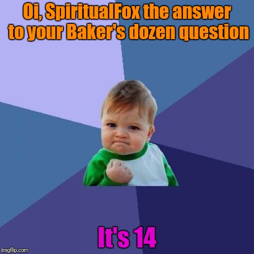 SpiritualFox | Oi, SpiritualFox the answer to your Baker's dozen question; It's 14 | image tagged in memes,success kid,spiritualfox,hey | made w/ Imgflip meme maker