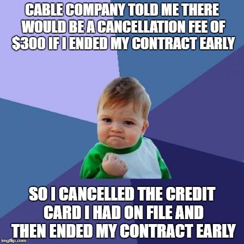 I'll take that $300 fee to my grave! | CABLE COMPANY TOLD ME THERE WOULD BE A CANCELLATION FEE OF $300 IF I ENDED MY CONTRACT EARLY; SO I CANCELLED THE CREDIT CARD I HAD ON FILE AND THEN ENDED MY CONTRACT EARLY | image tagged in memes,success kid | made w/ Imgflip meme maker