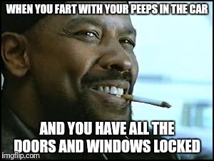 denzel | WHEN YOU FART WITH YOUR PEEPS IN THE CAR; AND YOU HAVE ALL THE DOORS AND WINDOWS LOCKED | image tagged in denzel | made w/ Imgflip meme maker
