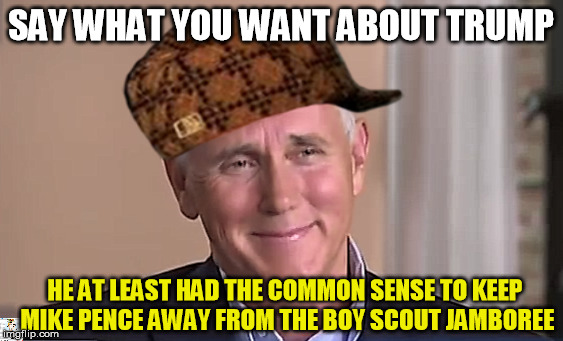 So many lost their chance at their "bad touch avoidance" badge | SAY WHAT YOU WANT ABOUT TRUMP; HE AT LEAST HAD THE COMMON SENSE TO KEEP MIKE PENCE AWAY FROM THE BOY SCOUT JAMBOREE | image tagged in pence,boy scouts,mike pence is gay | made w/ Imgflip meme maker