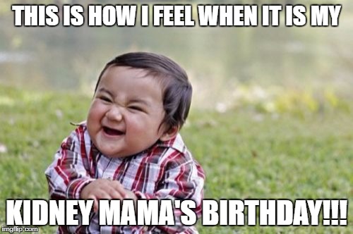 Evil Toddler Meme | THIS IS HOW I FEEL WHEN IT IS MY; KIDNEY MAMA'S BIRTHDAY!!! | image tagged in memes,evil toddler | made w/ Imgflip meme maker