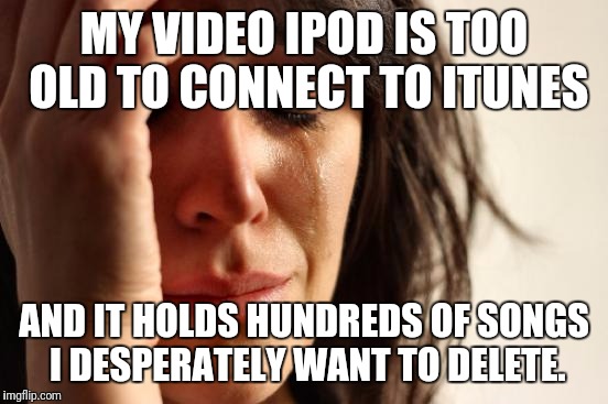 So much junk coming up when I set to 'Shuffle'. | MY VIDEO IPOD IS TOO OLD TO CONNECT TO ITUNES; AND IT HOLDS HUNDREDS OF SONGS I DESPERATELY WANT TO DELETE. | image tagged in memes,first world problems | made w/ Imgflip meme maker