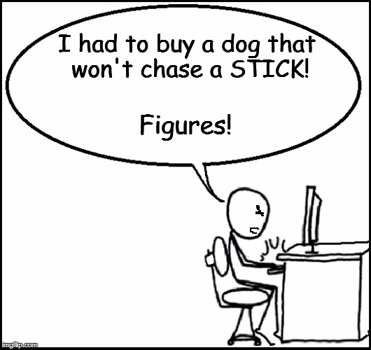 See what I did there? | I had to buy a dog that won't chase a STICK! Figures! | image tagged in stick figures,witty | made w/ Imgflip meme maker