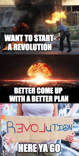 Better Plan | WANT TO START A REVOLUTION; BETTER COME UP WITH A BETTER PLAN; HERE YA GO | image tagged in revolution,violence,peaceful,love,nuclear,molotov | made w/ Imgflip meme maker