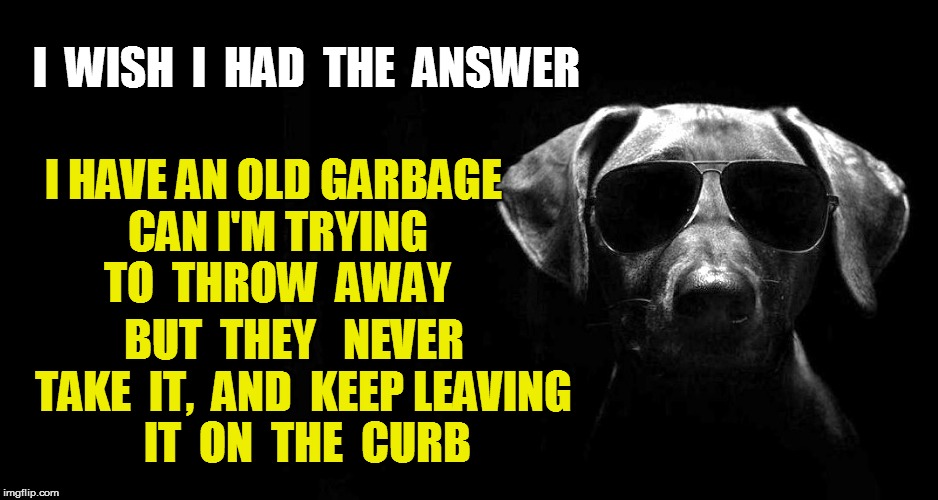 I  WISH  I  HAD  THE  ANSWER BUT  THEY   NEVER  TAKE  IT,  AND  KEEP LEAVING  IT  ON  THE  CURB I HAVE AN OLD GARBAGE CAN I'M TRYING TO  THR | made w/ Imgflip meme maker