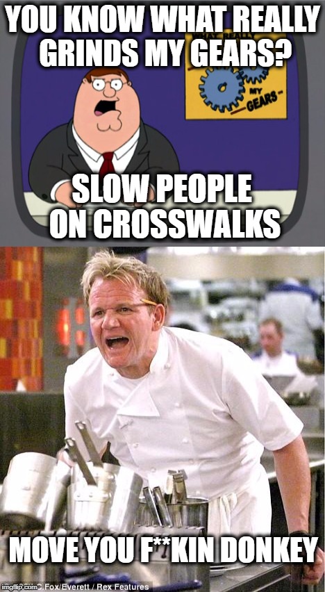 so i was late to class today... | YOU KNOW WHAT REALLY GRINDS MY GEARS? SLOW PEOPLE ON CROSSWALKS; MOVE YOU F**KIN DONKEY | image tagged in peter griffin news,first world problems,gordon ramsay,nsfw | made w/ Imgflip meme maker