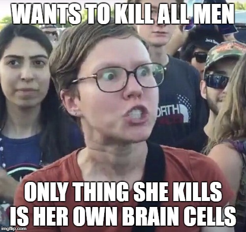 Triggered feminist | WANTS TO KILL ALL MEN; ONLY THING SHE KILLS IS HER OWN BRAIN CELLS | image tagged in triggered feminist | made w/ Imgflip meme maker