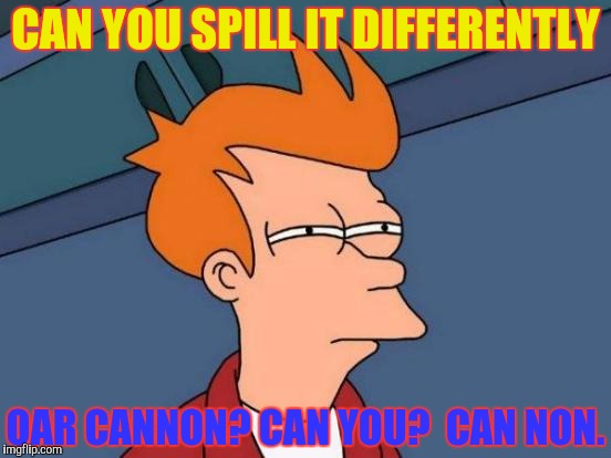 Futurama Fry Meme | CAN YOU SPILL IT DIFFERENTLY OAR CANNON? CAN YOU?  CAN NON. | image tagged in memes,futurama fry | made w/ Imgflip meme maker