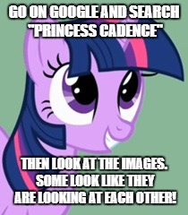 GO ON GOOGLE AND SEARCH "PRINCESS CADENCE"; THEN LOOK AT THE IMAGES. SOME LOOK LIKE THEY ARE LOOKING AT EACH OTHER! | made w/ Imgflip meme maker