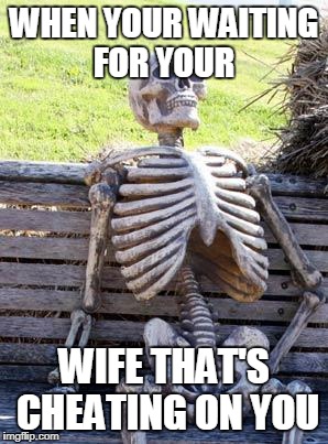 Waiting Skeleton Meme | WHEN YOUR WAITING FOR YOUR; WIFE THAT'S CHEATING ON YOU | image tagged in memes,waiting skeleton | made w/ Imgflip meme maker