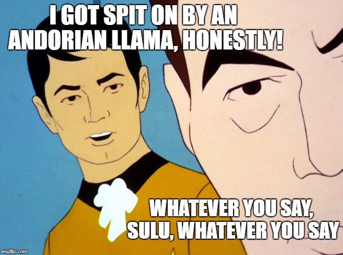 Mysterious alien stain | I GOT SPIT ON BY AN ANDORIAN LLAMA, HONESTLY! WHATEVER YOU SAY, SULU, WHATEVER YOU SAY | image tagged in uhura star trek,star trek,sulu,star trek sulu,memes,nsfw | made w/ Imgflip meme maker