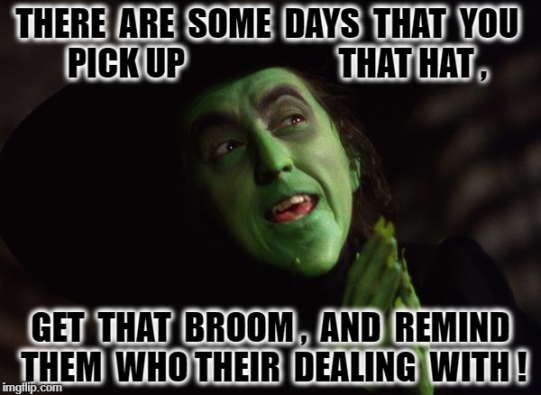 Wicked Witch scheme | THERE  ARE  SOME  DAYS  THAT  YOU   PICK UP                       THAT HAT , GET  THAT  BROOM ,  AND  REMIND THEM  WHO THEIR  DEALING  WITH ! | image tagged in wicked witch scheme | made w/ Imgflip meme maker