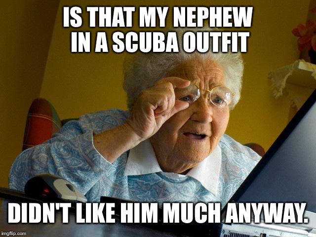 Grandma Finds The Internet Meme | IS THAT MY NEPHEW IN A SCUBA OUTFIT DIDN'T LIKE HIM MUCH ANYWAY. | image tagged in memes,grandma finds the internet | made w/ Imgflip meme maker