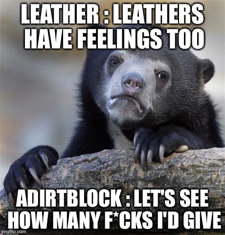 Confession Bear Meme | LEATHER : LEATHERS HAVE FEELINGS TOO; ADIRTBLOCK : LET'S SEE HOW MANY F*CKS I'D GIVE | image tagged in memes,confession bear | made w/ Imgflip meme maker