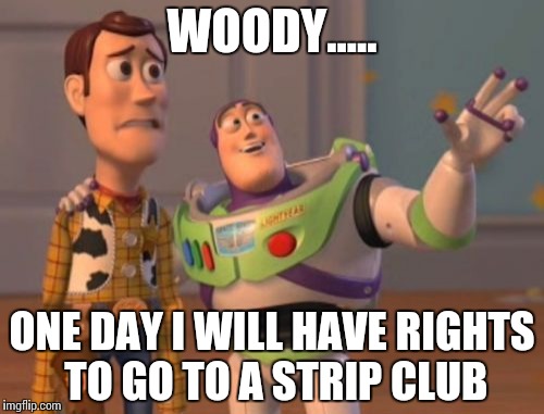X, X Everywhere Meme | WOODY..... ONE DAY I WILL HAVE RIGHTS TO GO TO A STRIP CLUB | image tagged in memes,x x everywhere | made w/ Imgflip meme maker