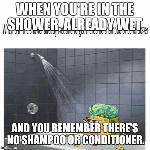WHEN YOU'RE IN THE SHOWER, ALREADY WET, AND YOU REMEMBER THERE'S NO SHAMPOO OR CONDITIONER. | image tagged in shower spongegar | made w/ Imgflip meme maker
