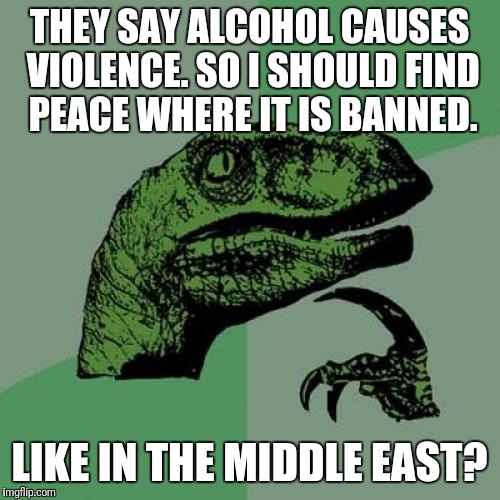 Philosoraptor | THEY SAY ALCOHOL CAUSES VIOLENCE. SO I SHOULD FIND PEACE WHERE IT IS BANNED. LIKE IN THE MIDDLE EAST? | image tagged in memes,philosoraptor | made w/ Imgflip meme maker