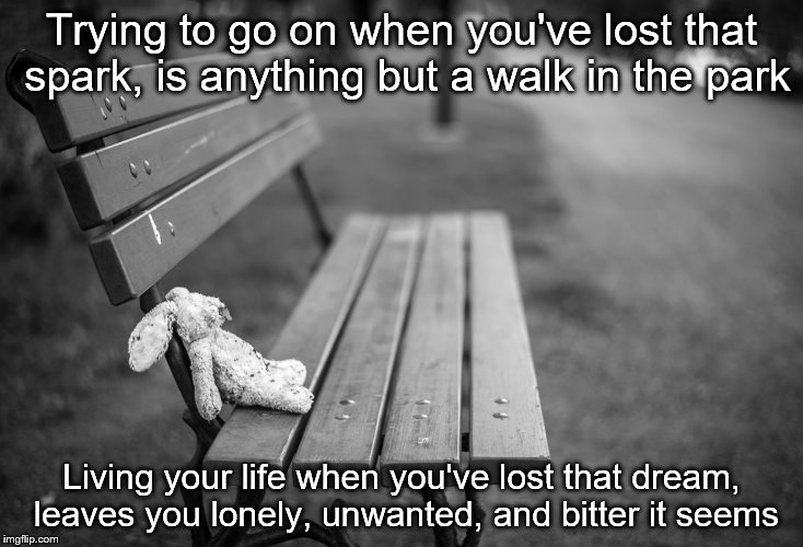 lonely | Trying to go on when you've lost that spark, is anything but a walk in the park; Living your life when you've lost that dream, leaves you lonely, unwanted, and bitter it seems | image tagged in lonely | made w/ Imgflip meme maker