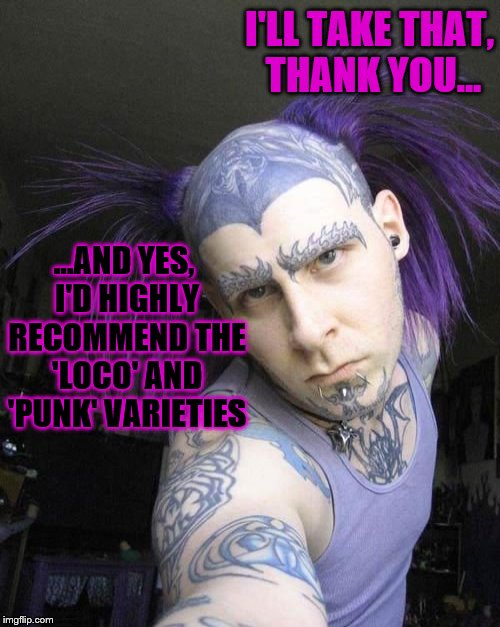 I'LL TAKE THAT, THANK YOU... ...AND YES, I'D HIGHLY RECOMMEND THE 'LOCO' AND 'PUNK' VARIETIES | made w/ Imgflip meme maker