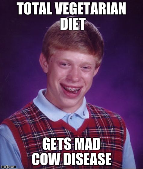 Bad Luck Brian Meme | TOTAL VEGETARIAN DIET GETS MAD COW DISEASE | image tagged in memes,bad luck brian | made w/ Imgflip meme maker