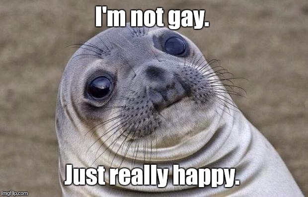 Awkward Moment Sealion Meme | I'm not gay. Just really happy. | image tagged in memes,awkward moment sealion | made w/ Imgflip meme maker