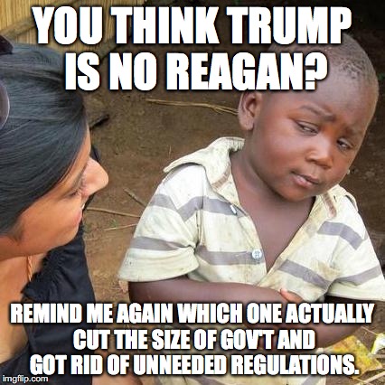 You're right Trump is no Reagan. He's better at enacting the GOP agenda. | YOU THINK TRUMP IS NO REAGAN? REMIND ME AGAIN WHICH ONE ACTUALLY CUT THE SIZE OF GOV'T AND GOT RID OF UNNEEDED REGULATIONS. | image tagged in 2017,president trump,ronald reagan,leader,accomplished | made w/ Imgflip meme maker