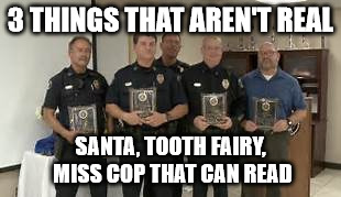 3 THINGS THAT AREN'T REAL; SANTA, TOOTH FAIRY, MISS COP THAT CAN READ | image tagged in police brutality,police state,scumbag american police officer | made w/ Imgflip meme maker