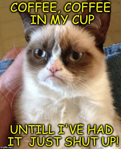 Grumpy Cat | COFFEE, COFFEE IN MY CUP; UNTILL I'VE HAD IT
 JUST SHUT UP! | image tagged in memes,grumpy cat | made w/ Imgflip meme maker