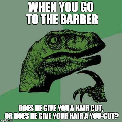 Philosoraptor | WHEN YOU GO TO THE BARBER; DOES HE GIVE YOU A HAIR CUT, OR DOES HE GIVE YOUR HAIR A YOU-CUT? | image tagged in memes,philosoraptor | made w/ Imgflip meme maker