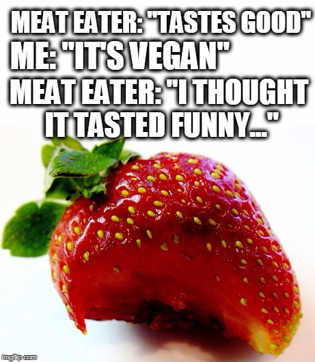 how to confuse a meat eater | MEAT EATER: "TASTES GOOD"; ME: "IT'S VEGAN"; MEAT EATER: "I THOUGHT IT TASTED FUNNY..." | image tagged in vegan | made w/ Imgflip meme maker