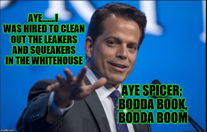 Scaramucci | AYE.......I WAS HIRED TO CLEAN OUT THE LEAKERS AND SQUEAKERS IN THE WHITEHOUSE; AYE SPICER; BODDA BOOK, BODDA BOOM | image tagged in scaramucci,trump,corruption,leaks,white house,sean spicer | made w/ Imgflip meme maker