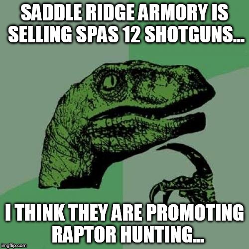 Philosoraptor | SADDLE RIDGE ARMORY IS SELLING SPAS 12 SHOTGUNS... I THINK THEY ARE PROMOTING  RAPTOR HUNTING... | image tagged in memes,philosoraptor | made w/ Imgflip meme maker