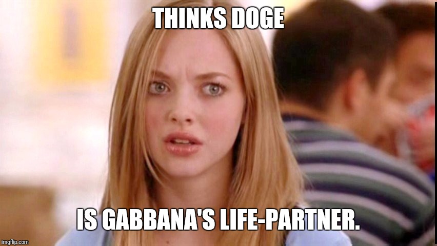 She is not s-m-r-t. | THINKS DOGE; IS GABBANA'S LIFE-PARTNER. | image tagged in dumb blonde | made w/ Imgflip meme maker