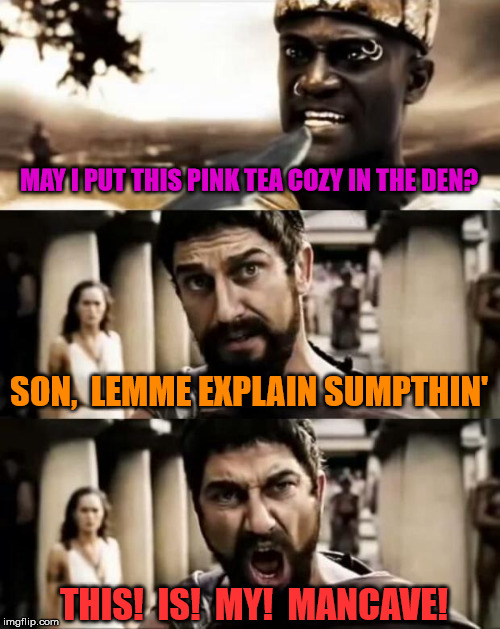 You Don't Mess With The Mancave | MAY I PUT THIS PINK TEA COZY IN THE DEN? SON,  LEMME EXPLAIN SUMPTHIN'; THIS!  IS!  MY!  MANCAVE! | image tagged in this is sparta meme,mancave,real men,get outta here | made w/ Imgflip meme maker