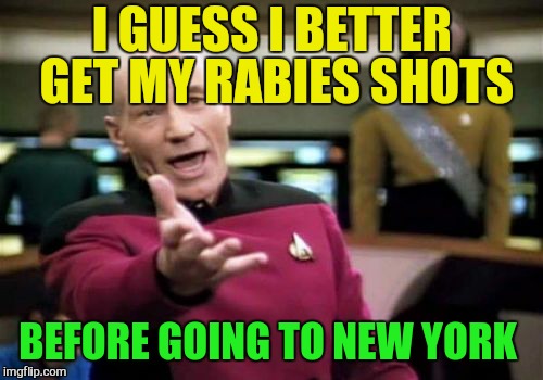 Picard Wtf Meme | I GUESS I BETTER GET MY RABIES SHOTS BEFORE GOING TO NEW YORK | image tagged in memes,picard wtf | made w/ Imgflip meme maker