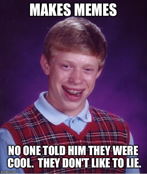 Bad Luck Brian Meme | MAKES MEMES NO ONE TOLD HIM THEY WERE COOL.  THEY DON'T LIKE TO LIE. | image tagged in memes,bad luck brian | made w/ Imgflip meme maker