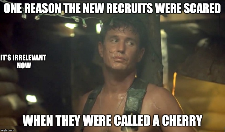 platoon reality | ONE REASON THE NEW RECRUITS WERE SCARED; IT'S IRRELEVANT NOW; WHEN THEY WERE CALLED A CHERRY | image tagged in platoon reality | made w/ Imgflip meme maker