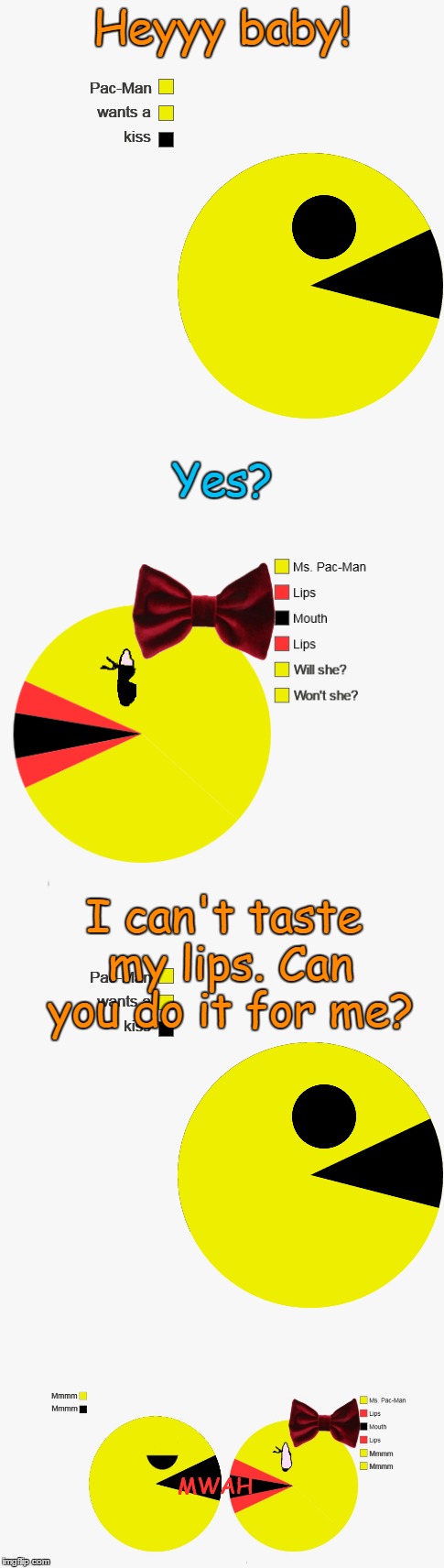 Best Pac-up lines. (The Ms. Pac-Man idea is from DashHopes - and he styled her luscious lips!) | Heyyy baby! Yes? I can't taste my lips. Can you do it for me? MWAH | image tagged in memes,kiss,pie charts,pacman,ms pacman,pacman wants a kiss | made w/ Imgflip meme maker