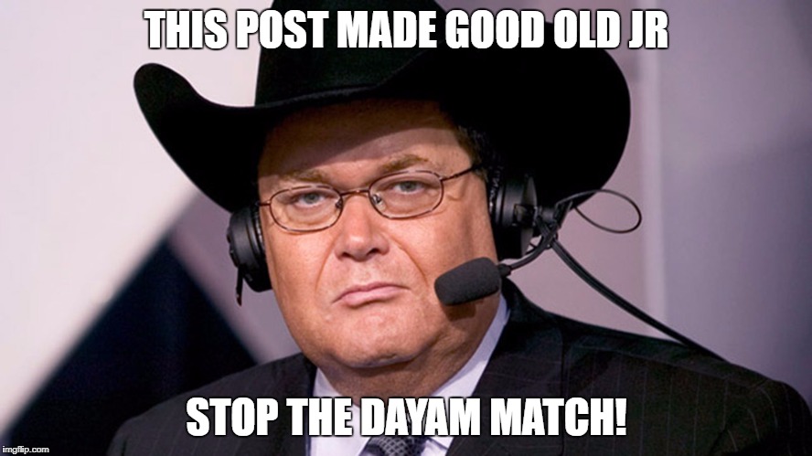 This post made good old JR stop the dayam match! | THIS POST MADE GOOD OLD JR; STOP THE DAYAM MATCH! | image tagged in jim ross - headset,stop the match,post | made w/ Imgflip meme maker