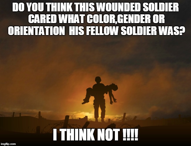 #NoTransBan | DO YOU THINK THIS WOUNDED SOLDIER CARED WHAT COLOR,GENDER OR ORIENTATION  HIS FELLOW SOLDIER WAS? I THINK NOT !!!! | image tagged in gifs,memes | made w/ Imgflip meme maker