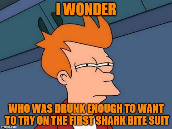 Futurama Fry | I WONDER; WHO WAS DRUNK ENOUGH TO WANT TO TRY ON THE FIRST SHARK BITE SUIT | image tagged in memes,futurama fry | made w/ Imgflip meme maker