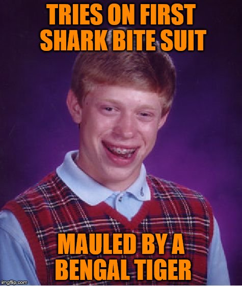 Bad Luck Brian Meme | TRIES ON FIRST SHARK BITE SUIT; MAULED BY A BENGAL TIGER | image tagged in memes,bad luck brian | made w/ Imgflip meme maker